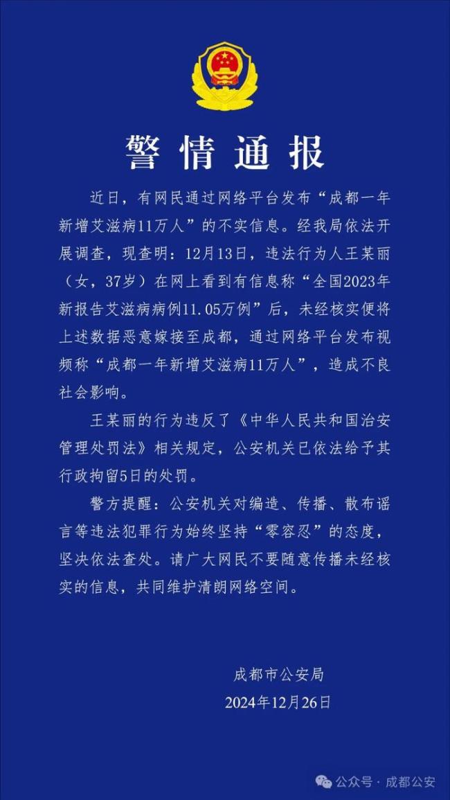 成都一年新增艾滋病11万人？谣言 恶意嫁接数据被处罚